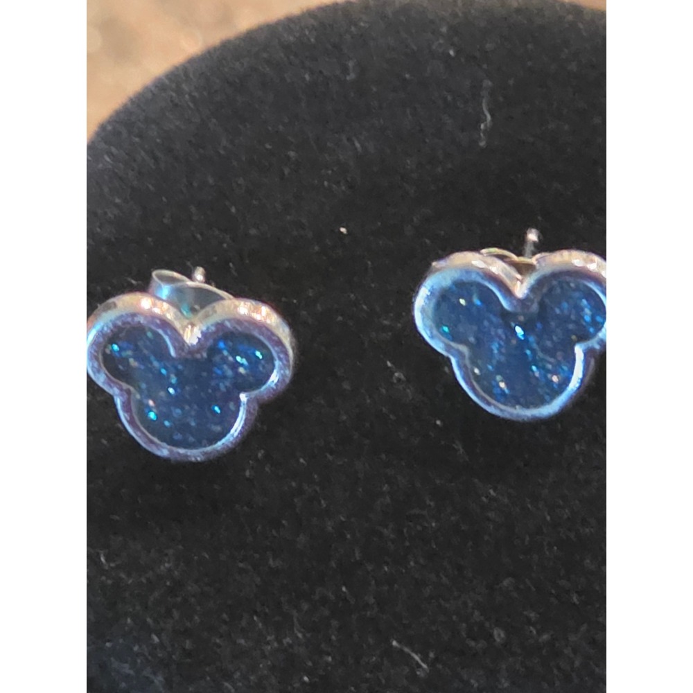 Disney Mickey Mouse Blue Glitter Icon Stud Earrings Silver Tone Post Backs
